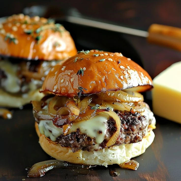 image about Savory Caramelized Onion and Cheese Burgers Recipe