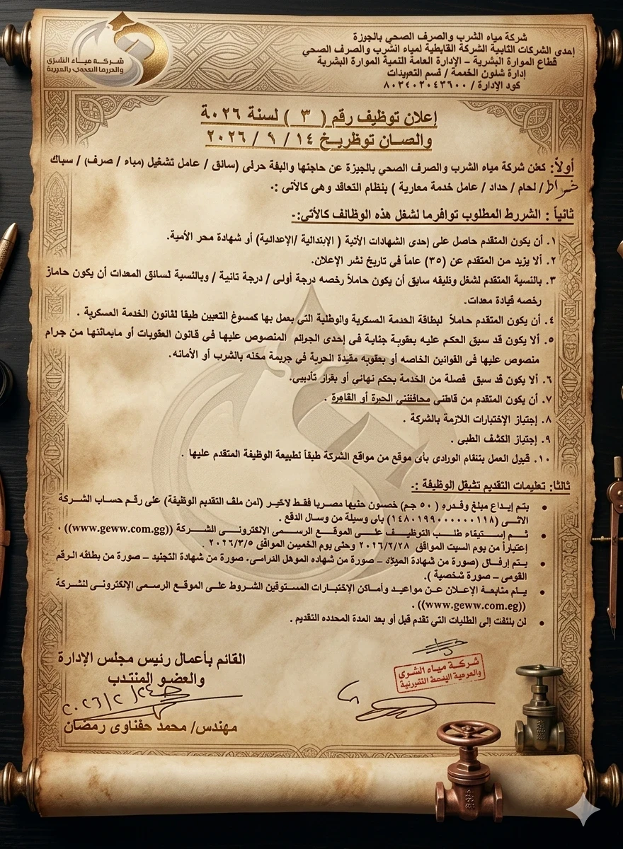 image about وظائف حكومية 2026 – تعيينات شركة مياه الشرب والصرف الصحي لجميع المؤهلات