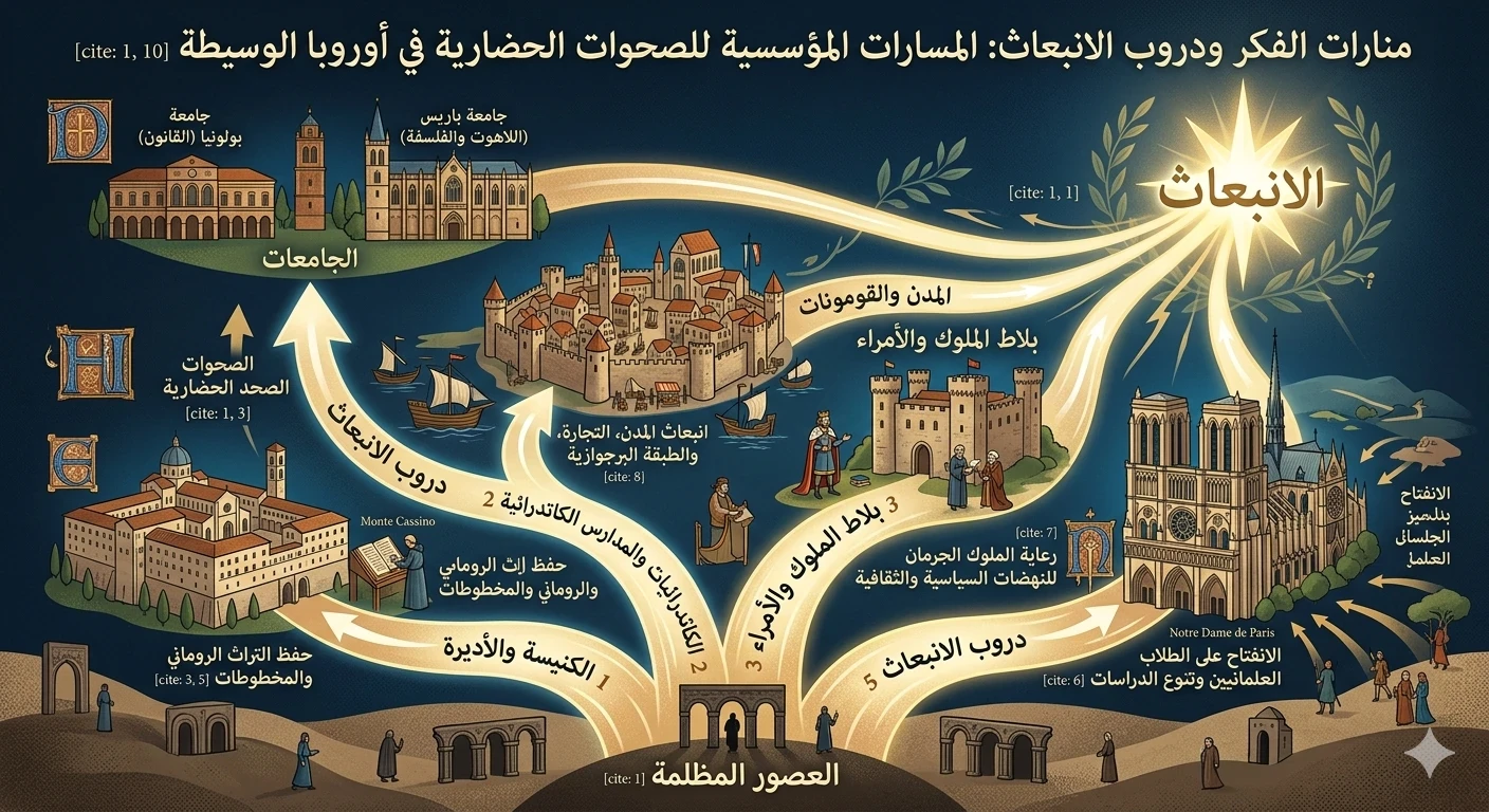 image about منارات الفكر ودروب الانبعاث: المسارات المؤسسية للصحوات الحضارية في أوروبا الوسيطة