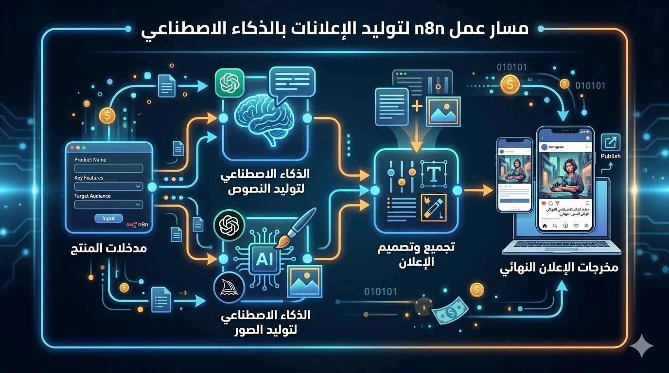 image about كيف تؤسس وكالة إعلانات للمتاجر الإلكترونية (بدون خبرة تصميم) بـ n8n والذكاء الاصطناعي؟