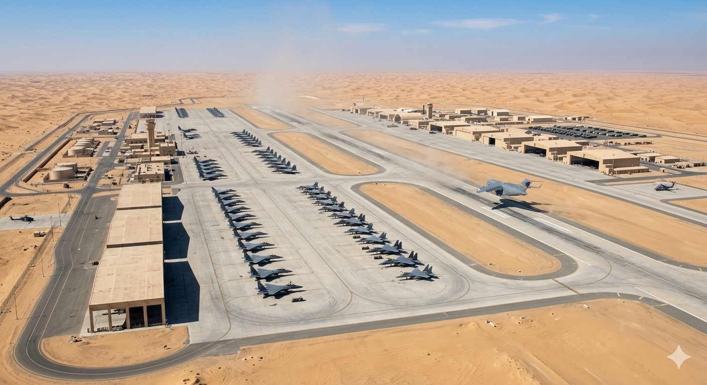 لقطة جوية لطائرات مقاتلة أمريكية في قاعدة العديد الجوية بقطر وسط الصحراء
