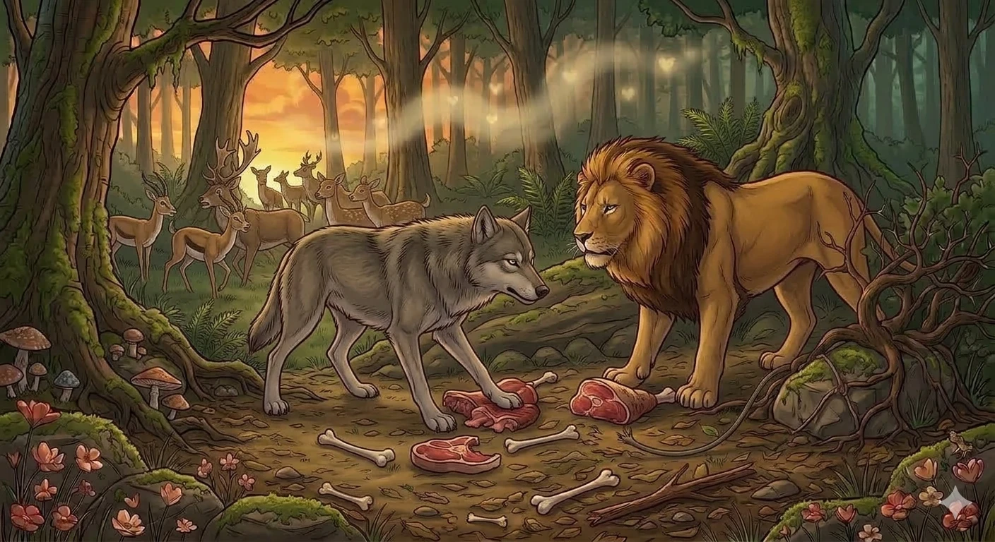 image about 🦁🐺 الأسد والذئب الطماع