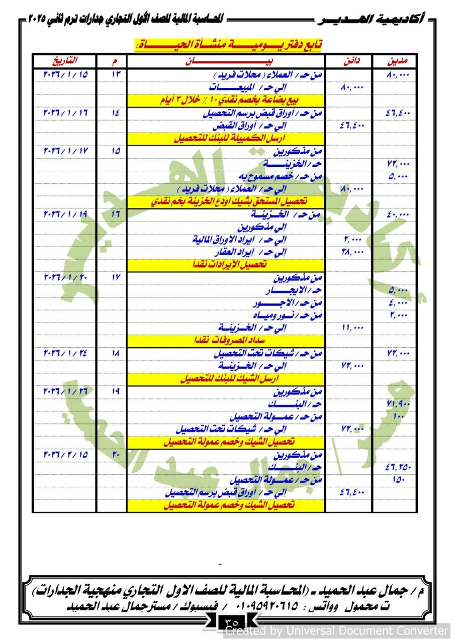 image about حل المرفق الثالث وحدة دفتر اليومية | فني كاتب حسابات الصف الأول التجاري جدارات 2026