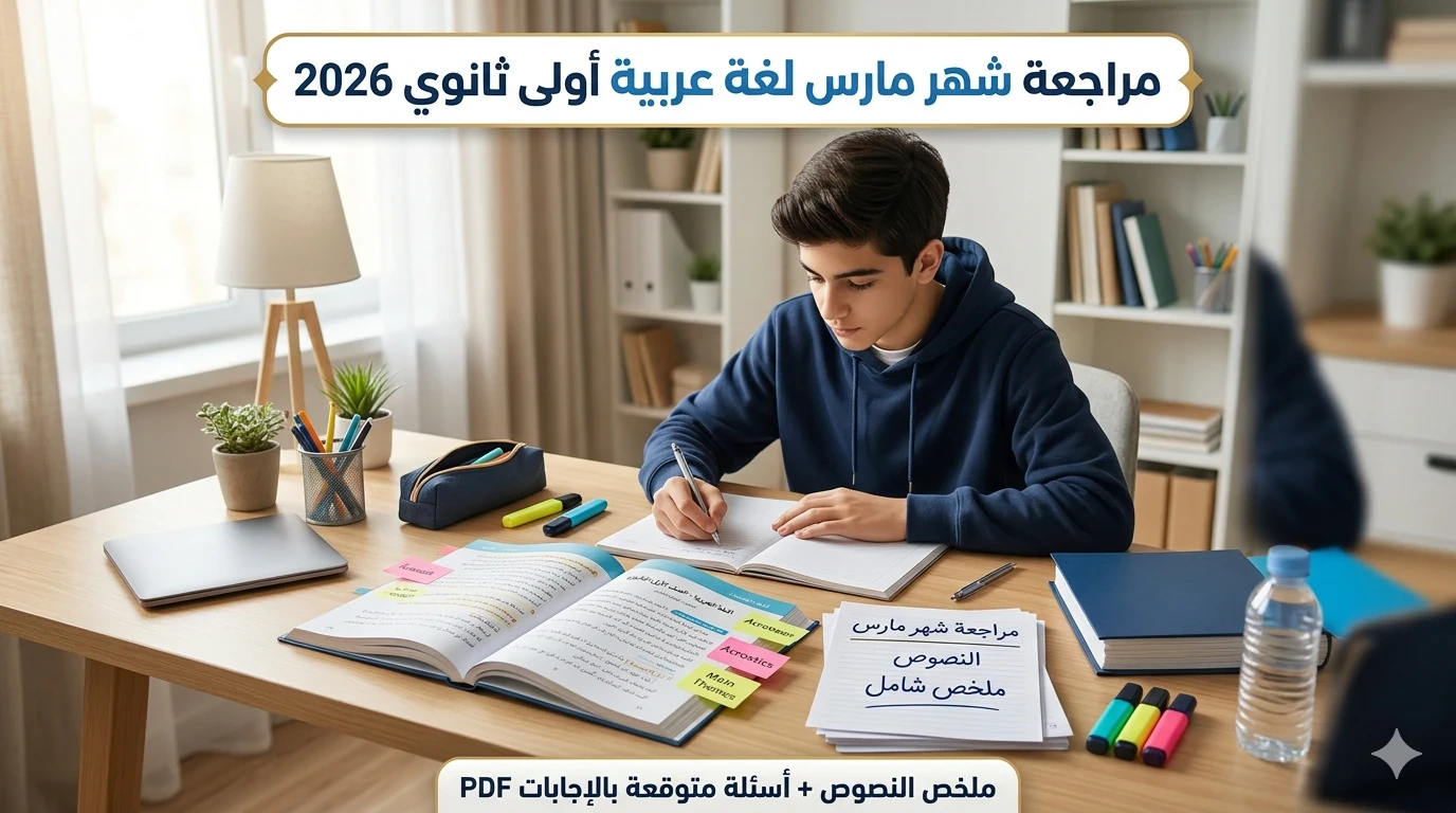 image about تحميل مراجعة شهر مارس لغة عربية أولى ثانوي ترم ثاني 2026 PDF | أقوى ملخص نصوص + أهم الأسئلة المتوقعة بالإجابات