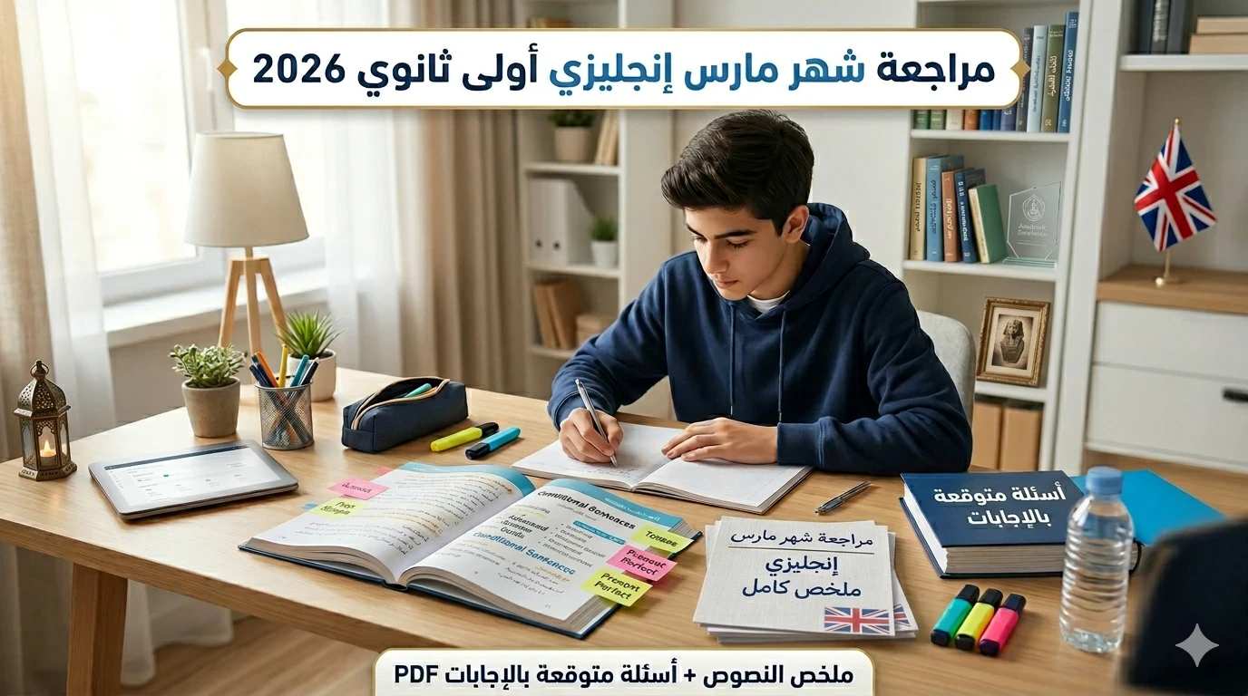 image about تحميل مراجعة شهر مارس لغة إنجليزية أولى ثانوي ترم تاني 2026 PDF بالإجابات – أقوى مراجعة ليلة الامتحان