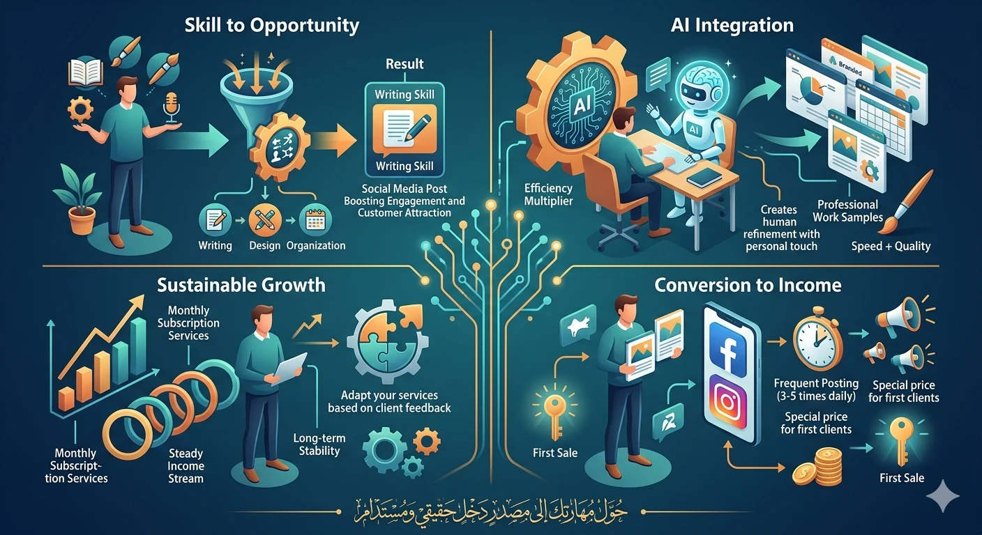 image about كيف تحول مهاراتك العادية إلى دخل شهري يتجاوز 500 دولار باستخدام الذكاء الاصطناعي في 2026؟