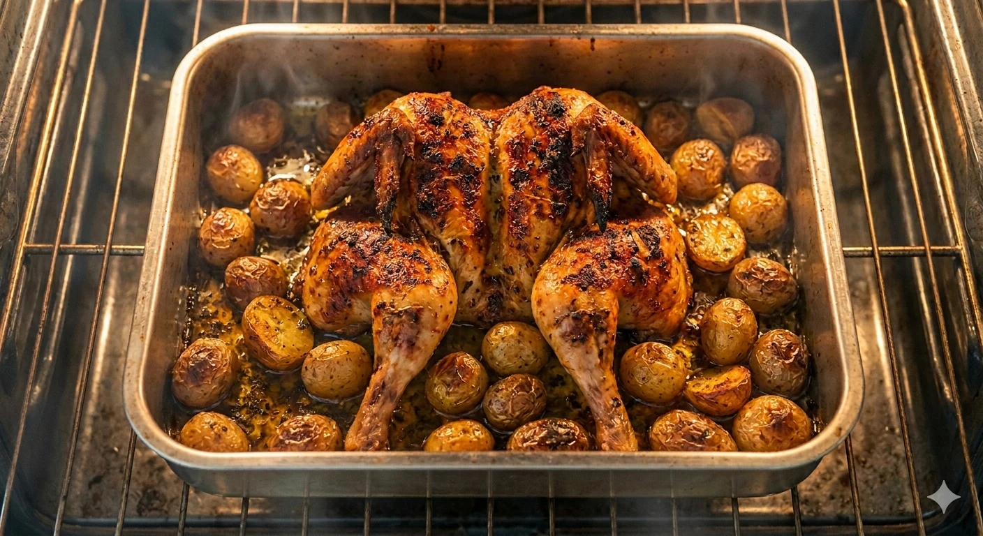 image about سر الدجاج المشوي المقرمش بالبطاطس مع سلطة الفيتا: وجبة عائلية متكاملة