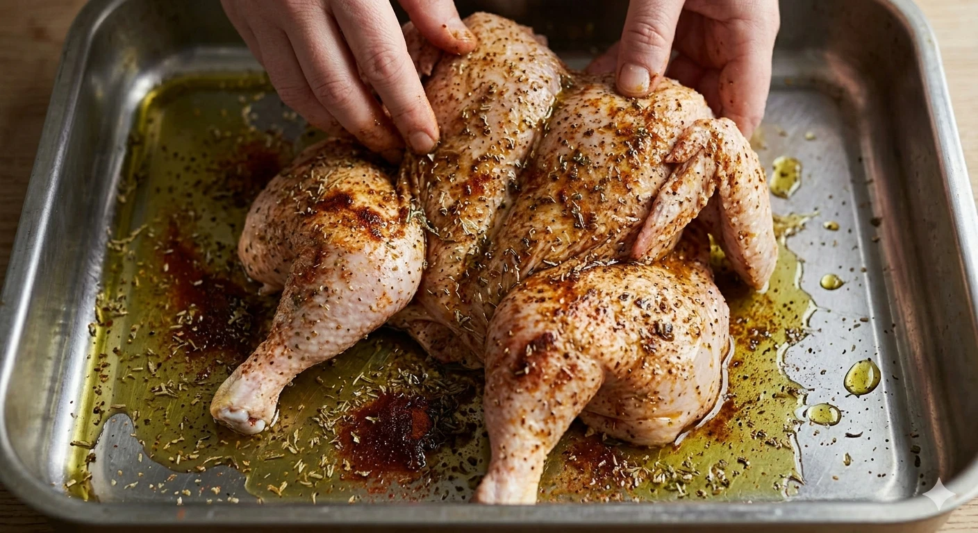 image about سر الدجاج المشوي المقرمش بالبطاطس مع سلطة الفيتا: وجبة عائلية متكاملة