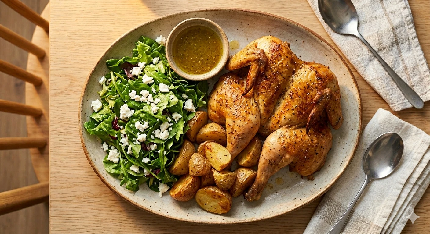 image about سر الدجاج المشوي المقرمش بالبطاطس مع سلطة الفيتا: وجبة عائلية متكاملة