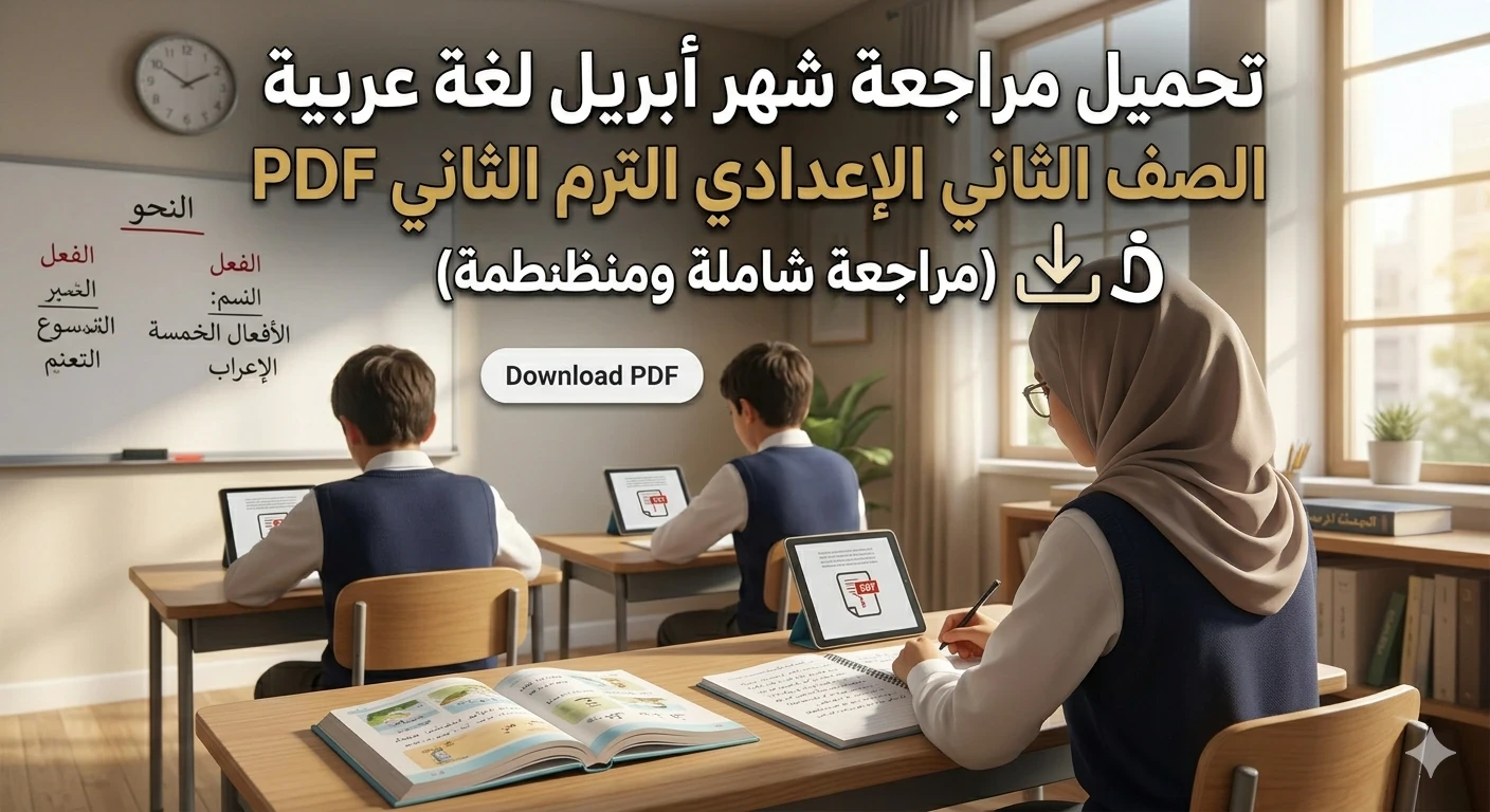 image about 📥 تحميل أقوى مراجعة لغة عربية الصف الثاني الإعدادي ترم ثاني 2026 PDF (مراجعة أبريل الشاملة + أسئلة متوقعة بالإجابات)