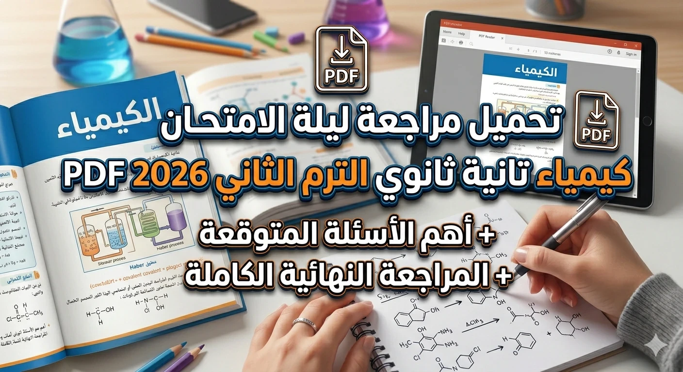 image about 📔 تحميل أقوى مراجعة ليلة الامتحان كيمياء تانية ثانوي ترم ثاني 2026 PDF | أهم الأسئلة المتوقعة + مراجعة نهائية شاملة بالإجابات