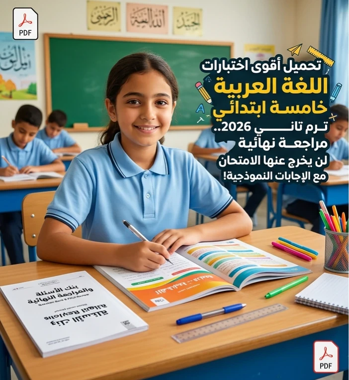 image about 🔥 تحميل أقوى اختبارات اللغة العربية للصف الخامس الابتدائي ترم ثاني 2026 PDF بالإجابات | مراجعة نهائية تضمن لك التفوق