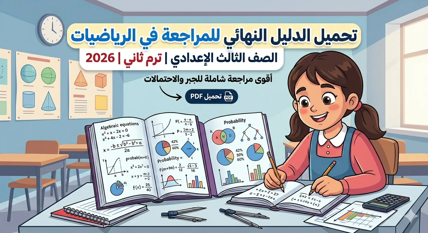 image about 📚 تحميل كتاب المراجعة النهائية رياضيات ثالثة إعدادي ترم ثاني 2026 PDF | أقوى مراجعة جبر وإحصاء واحتمالات ليلة الامتحان