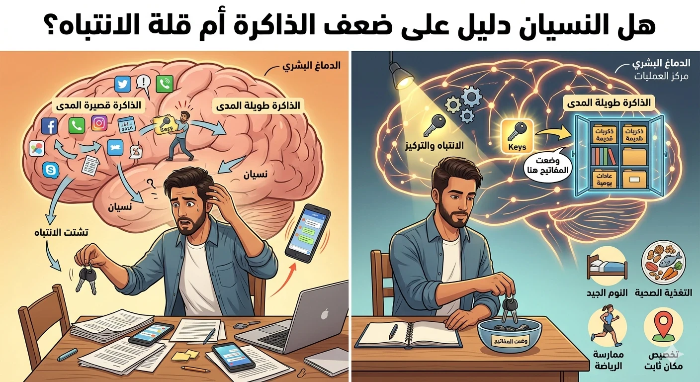 image about لماذا ننسى أين وضعنا المفاتيح؟ شرح علمي بسيط لكيفية  تدريب دماغنا على الانتباه وكيفية عمل الذاكرة.