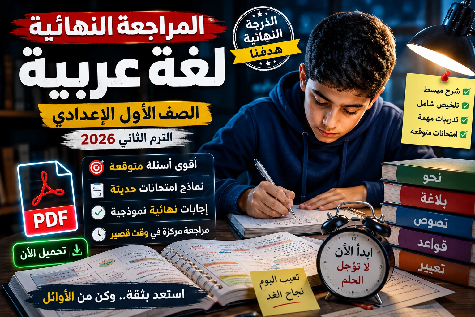 image about مراجعة لغة عربية أولى إعدادي ترم الثاني 2026 PDF | ملخص شامل + امتحانات متوقعة + أسئلة الدرجة النهائية 💯