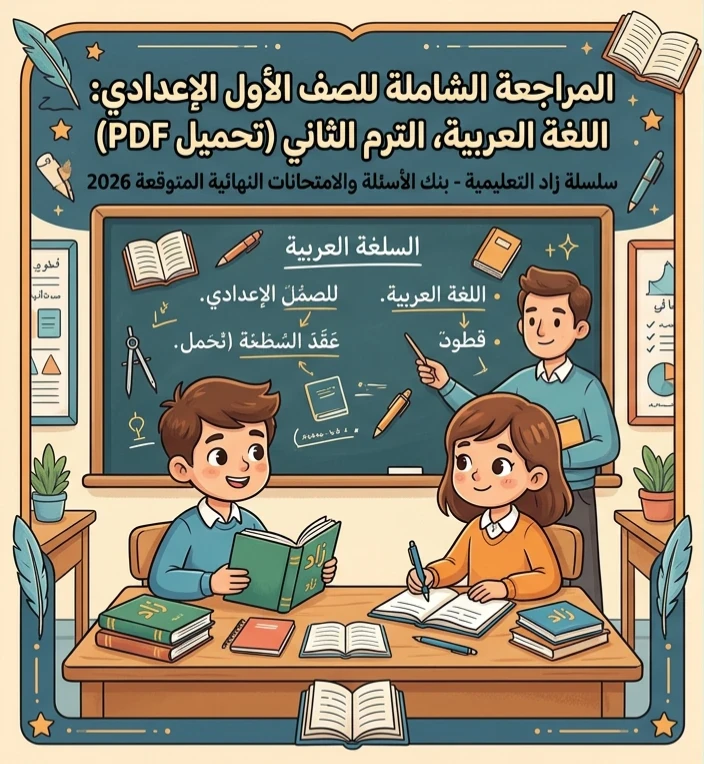 image about 📚 تحميل مراجعة اللغة العربية أولى إعدادي ترم ثاني 2026 PDF – أقوى مراجعة نهائية + امتحانات سلسلة زاد التعليمية