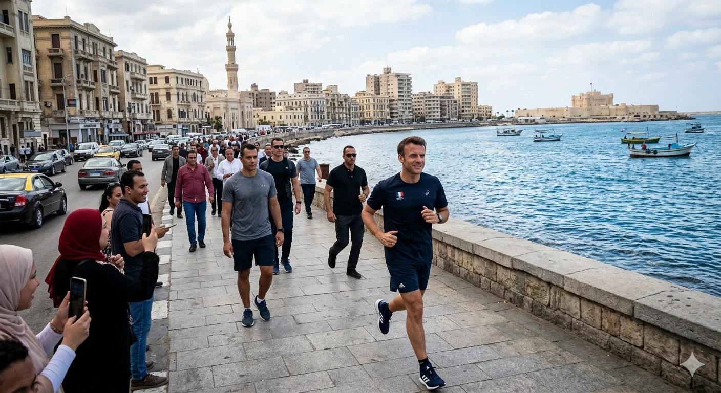 image about ماكرون في شوارع الإسكندرية: جري بسيط يشعل الجدل ويخطف أنظار العالم