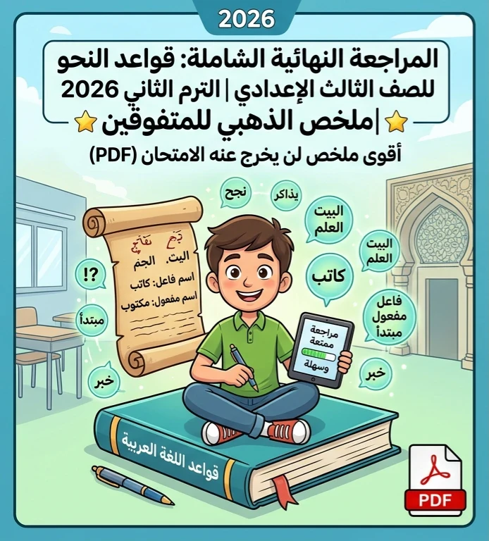 image about 📚 تحميل أقوى مراجعة نهائية نحو للصف الثالث الإعدادي الترم الثاني 2026 PDF – ملخص القواعد النحوية المتوقع في الامتحان