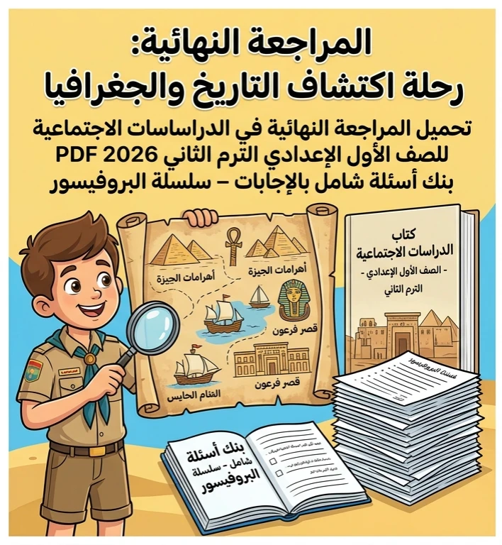 image about 📚 تحميل أقوى مراجعة نهائية دراسات اجتماعية أولى إعدادي ترم ثاني 2026 PDF بالإجابات | بنك أسئلة شامل من سلسلة البروفيسور