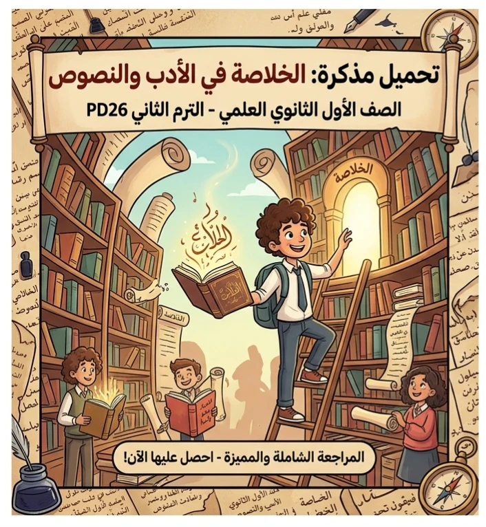 image about 🏷️ تحميل مذكرة الخلاصة في الأدب والنصوص أولى ثانوي علمي ترم تاني 2026 PDF | أقوى مراجعة ليلة الامتحان