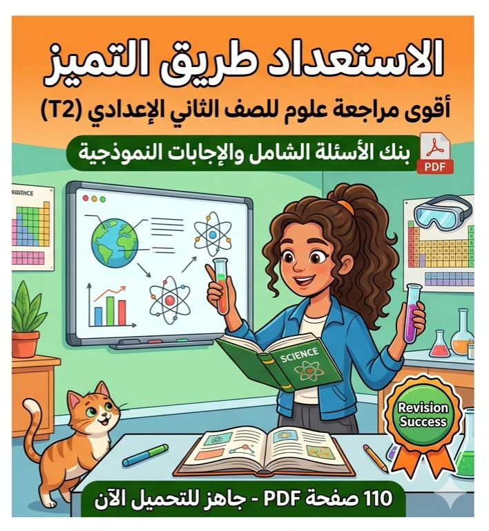 image about 📒 تحميل مراجعة ليلة الامتحان علوم الصف الثاني الإعدادي ترم ثاني 2026 PDF – أقوى بنك أسئلة وإجابات نموذجية 110 صفحة