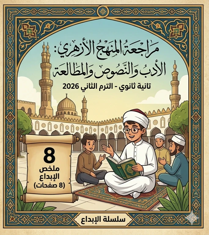 image about 📕 تحميل مراجعة الأدب والنصوص والمطالعة للصف الثاني الثانوي الأزهري ترم ثاني 2026 PDF – ملخص الإبداع الأقوى في 8 صفحات فقط