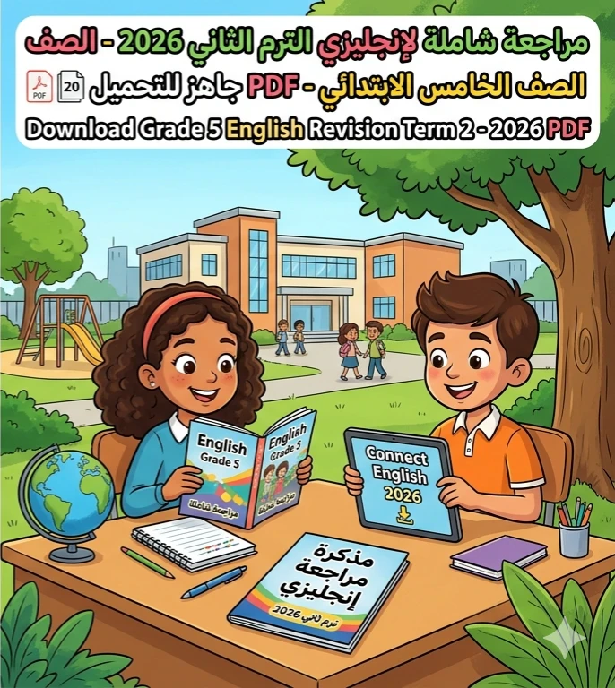 image about 📚 تحميل أقوى مذكرة مراجعة إنجليزي الصف الخامس الابتدائي ترم ثاني 2026 PDF | مراجعة نهائية شاملة في 20 صفحة فقط
