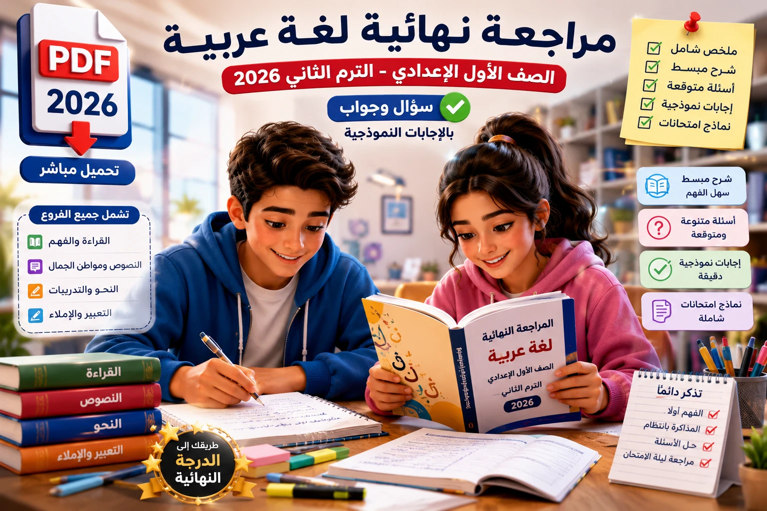 image about تحميل أقوى مراجعة نهائية لغة عربية للصف الأول الإعدادي الترم الثاني 2026 PDF سؤال وجواب بالإجابات النموذجية | مراجعة عربي أولى إعدادي كاملة📘