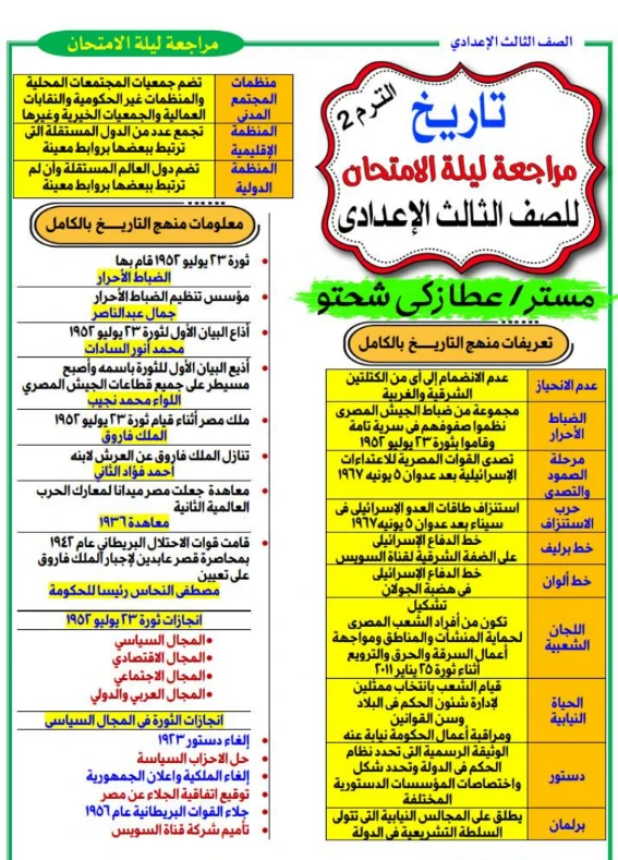image about تحميل مراجعة ليلة الامتحان في التاريخ للصف الثالث الإعدادي الترم الثاني 2026 PDF ملخص شامل 11 صفحة