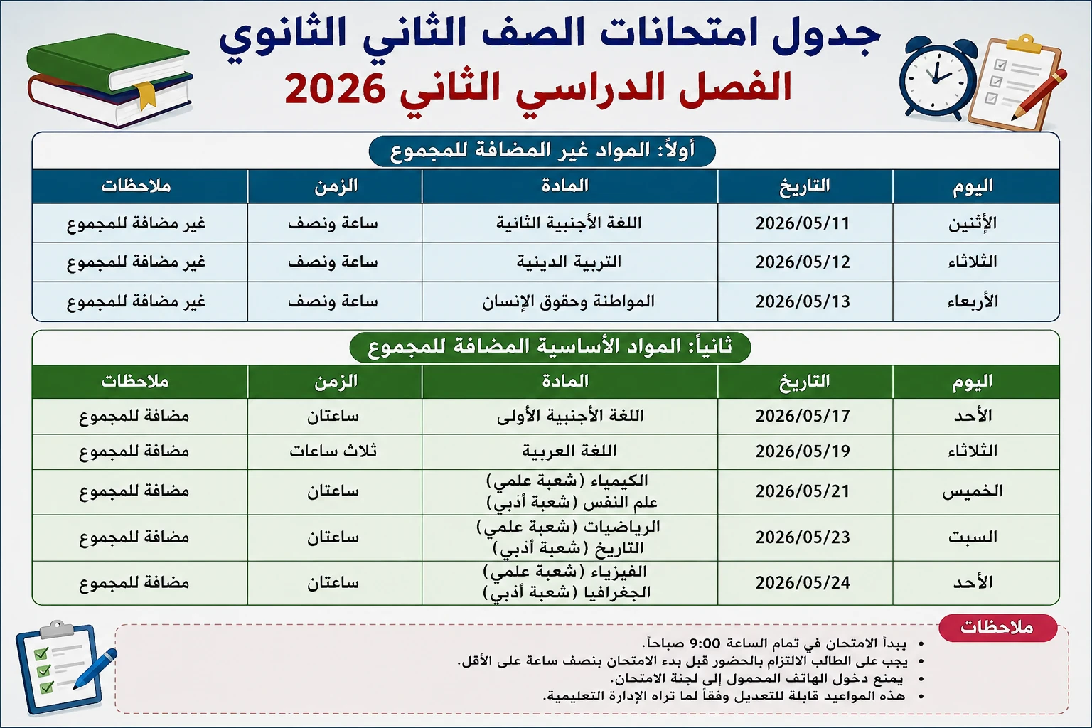 image about مواعيد امتحان الصف الثاني الثانوي  ترم تاني 2026