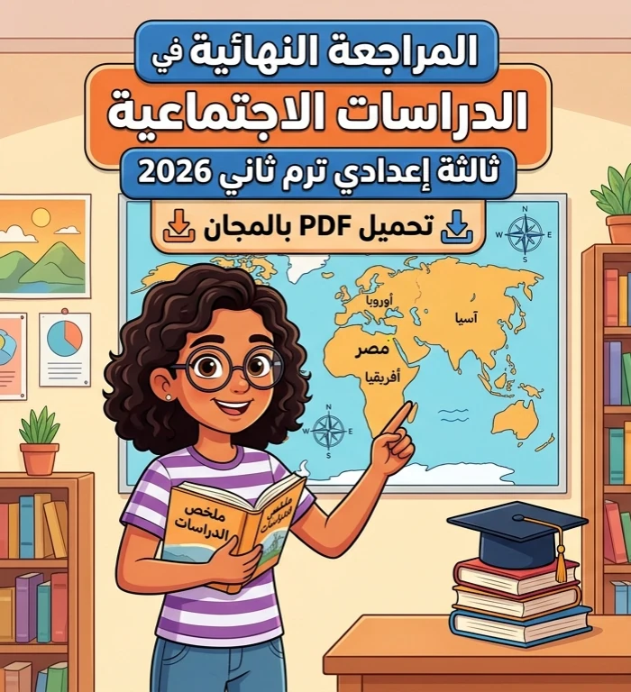 image about 📗 تحميل أقوى مراجعة نهائية دراسات اجتماعية ثالثة إعدادي ترم ثاني 2026 PDF بالإجابات النموذجية مجانًا