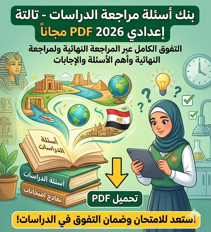 image about 📕 تحميل مراجعة دراسات تالتة إعدادي 2026 PDF مجانًا | أقوى مراجعة نهائية شاملة + أهم الأسئلة المتوقعة ونماذج الامتحانات بالإجابات