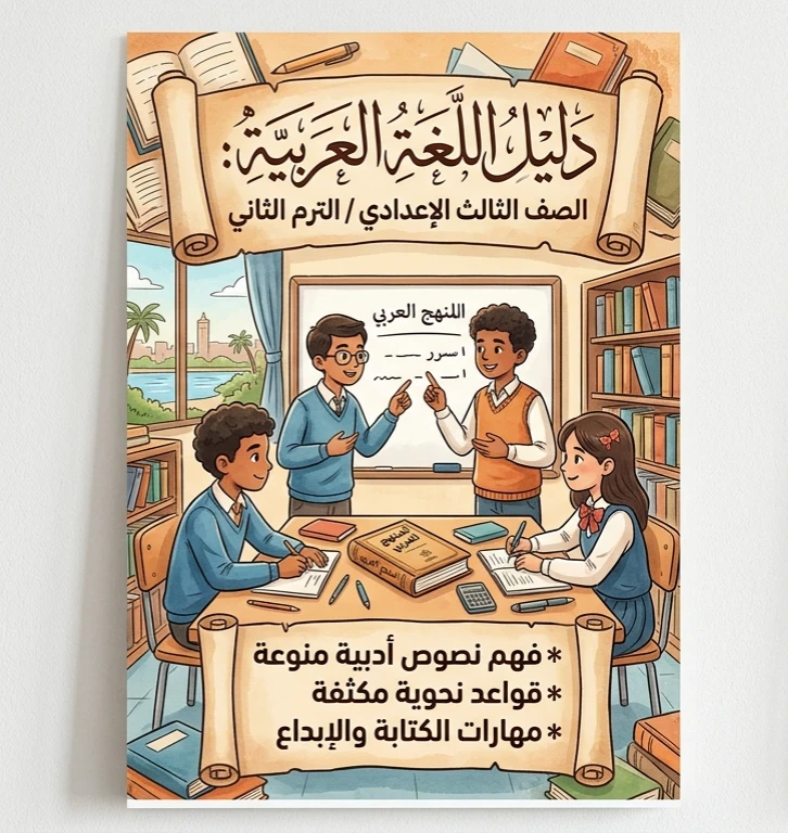 image about 📗 ملخص اللغة العربية للصف الثالث الإعدادي الترم الثاني 2026 PDF | أقوى مراجعة نهائية شاملة للنحو والنصوص والقراءة
