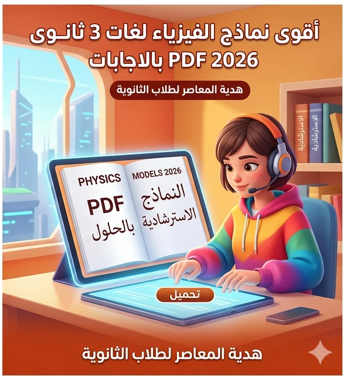 image about 📓 تحميل نماذج الوزارة الاسترشادية في الفيزياء لغات 2026 بالإجابات PDF هدية المعاصر | أقوى مراجعة نهائية لطلاب الثانوية العامة
