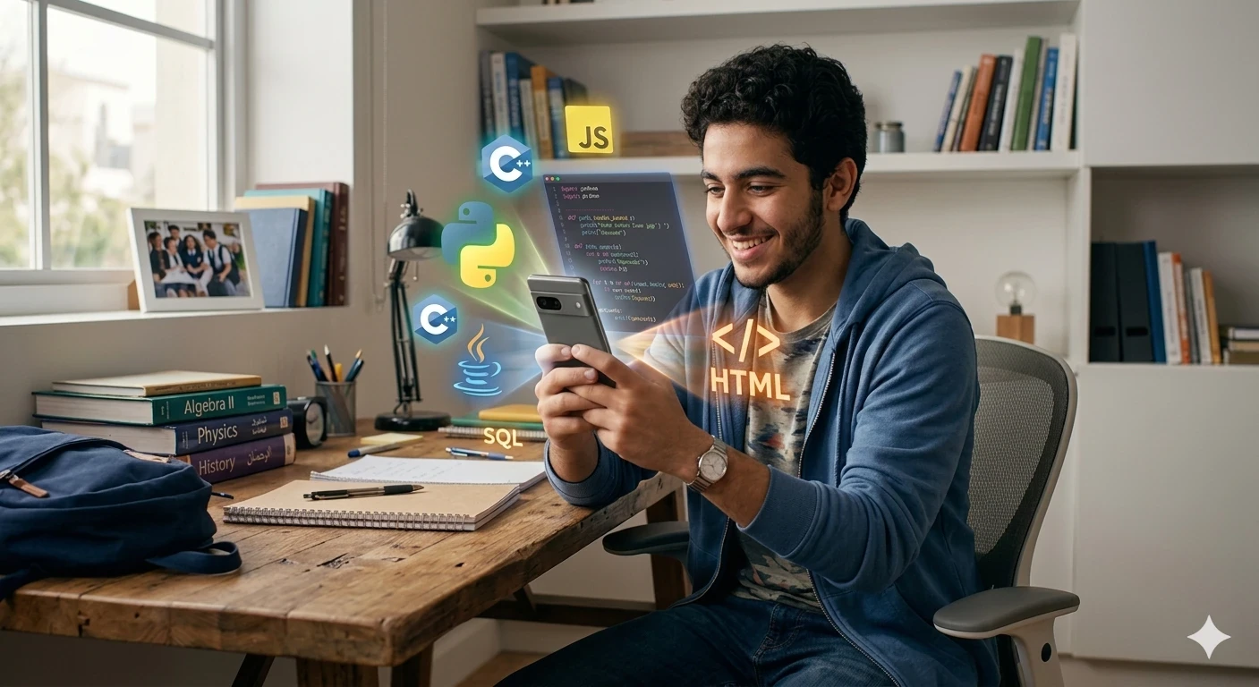 image about 🚀 من هاتفك فقط: دليل الطالب الثانوي لاحتراف البرمجة وبدء جني المال (دون الحاجة لابتوب!)