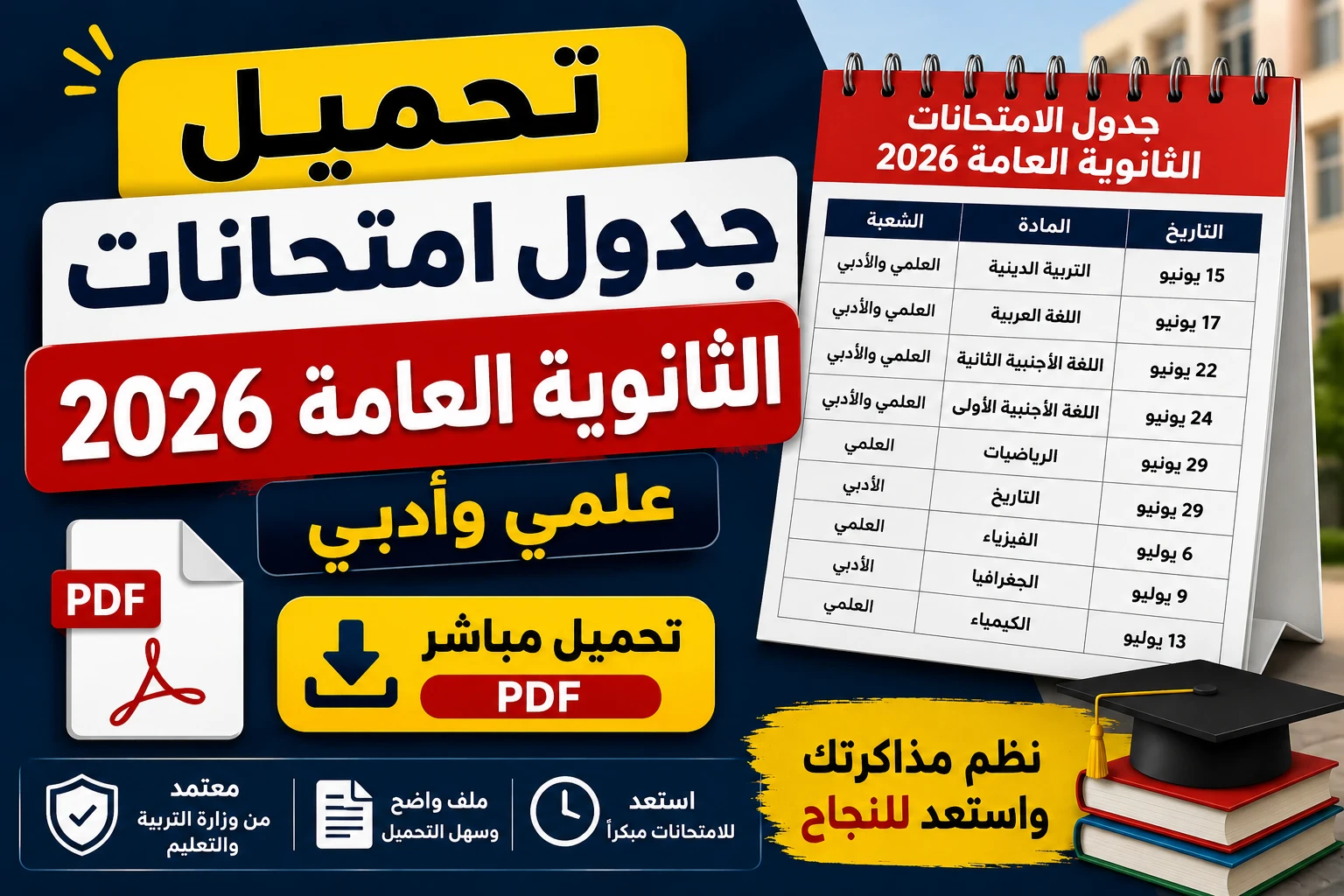image about تحميل جدول امتحانات الثانوية العامة 2026 PDF علمي وأدبي برابط مباشر