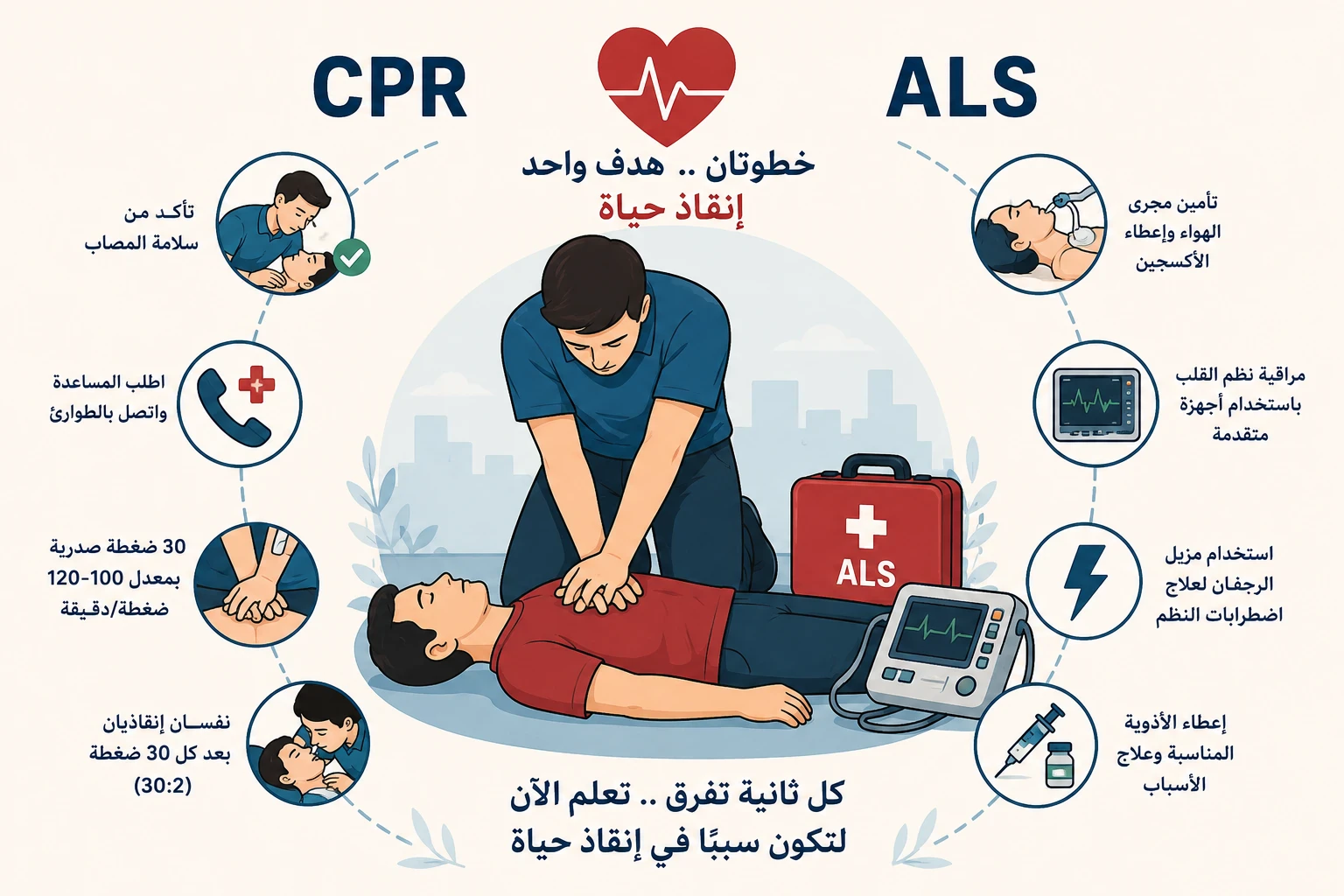 image about الإنعاش القلبي الرئوي (CPR) ودعم الحياة المتقدم (ALS): خطوات تنقذ الحياة في اللحظات الحرجة