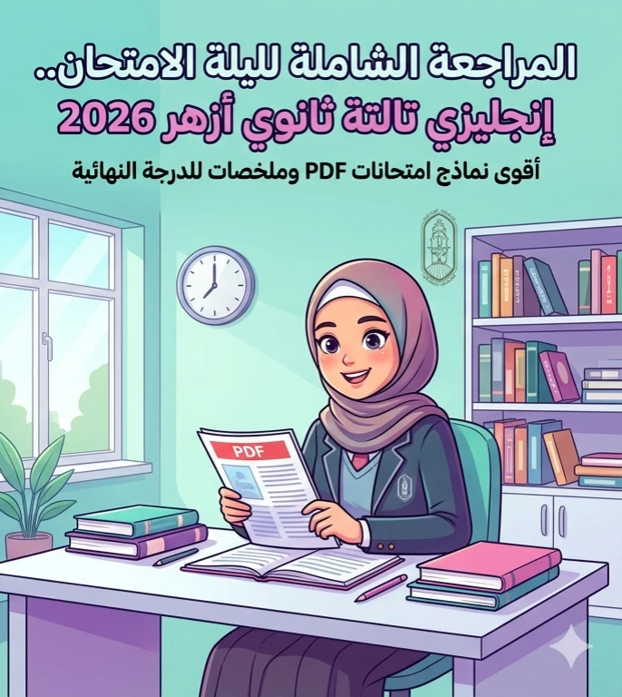 image about 📚 مراجعة ليلة الامتحان إنجليزي ثالثة ثانوي أزهري 2026.. أقوى ملخص نهائي ونماذج امتحانات PDF لتحقيق الدرجة النهائية