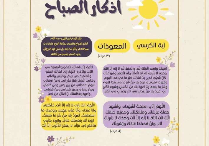 أذكار الصباح مكتوبة كاملة مع فضل كل ذكر وعدد مرات الذكر والمصدر – دليل 2025