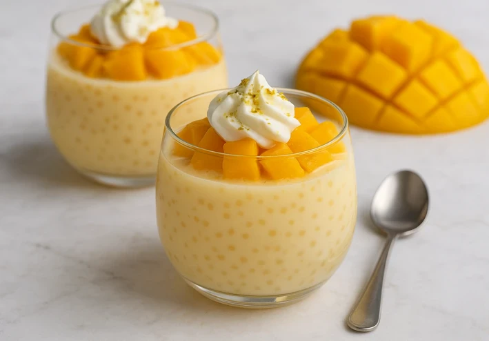 ⭐ طريقة عمل الساقو بالحليب والمانجو — حلوى استوائية منعشة ولذيذة 😋🥭✨