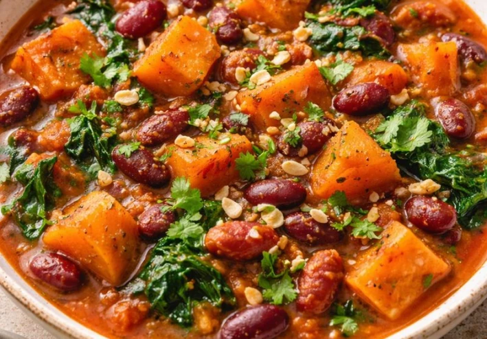 🍠 يخنة البطاطا الحلوة الأفريقية مع الفاصوليا الحمراء -  طبق نباتي غني بالنكهة والفوائد 🌶️🥣