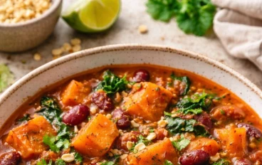 🍠 يخنة البطاطا الحلوة الأفريقية مع الفاصوليا الحمراء -  طبق نباتي غني بالنكهة والفوائد 🌶️🥣