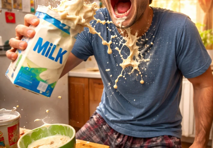 اعملي صورة تعبر عن صباح سعيد اللي بدأ بكارثة اللبن 🥛💥   😂 