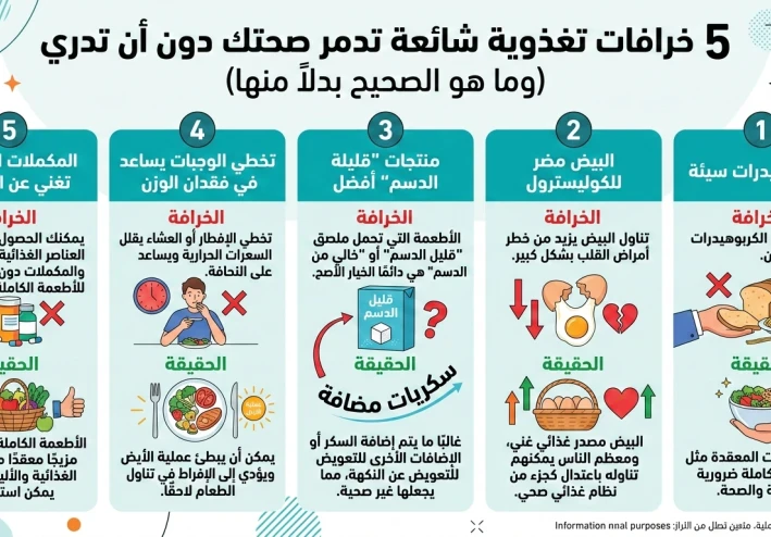 5 خرافات تغذوية شائعة تدمر صحتك دون أن تدري (وما هو الصحيح بدلاً منها)