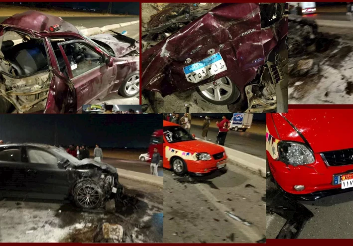 مصرع 3 أشخاص وإصابة 3 آخرين في حادث تصادم مروع بين 3 سيارات بطريق مصر–الإسماعيلية الصحراوي