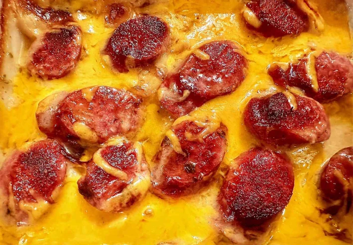 صينية بطاطس بالبشاميل مع السجق والجبنة