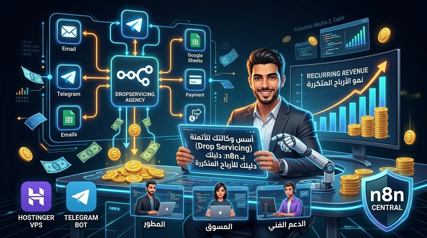 صورة مقال كيف تؤسس وكالة أتمتة (Drop Servicing) بـ n8n وتربح آلاف الدولارات شهرياً؟