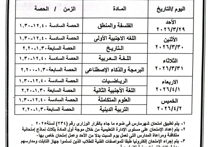 جدول امتحانات شهر مارس للصف الأول الثانوي الترم الثاني بني سويف PDF 2026