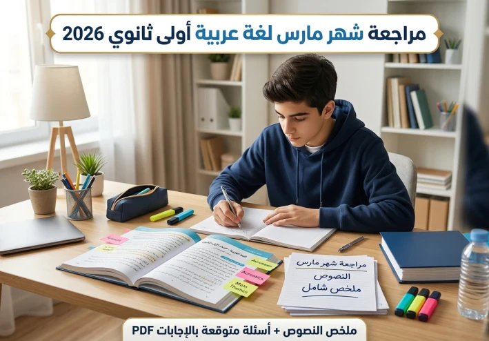 تحميل مراجعة شهر مارس لغة عربية أولى ثانوي ترم ثاني 2026 PDF | أقوى ملخص نصوص + أهم الأسئلة المتوقعة بالإجابات