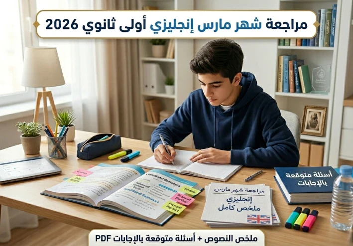 تحميل مراجعة شهر مارس لغة إنجليزية أولى ثانوي ترم تاني 2026 PDF بالإجابات – أقوى مراجعة ليلة الامتحان
